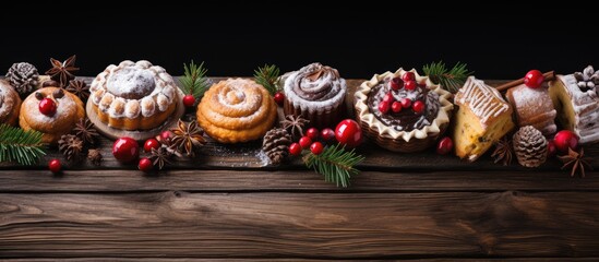 Naklejka na ściany i meble A variety of Christmas desserts and sweets on a rustic wood background Including bundt cake chocolate pie mincemeat tarts cookies fudge and eggnog