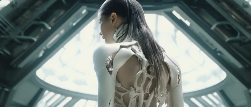Medium shot of cyborg girl standing in hall in laboratory. Anamorphic 4k footage
