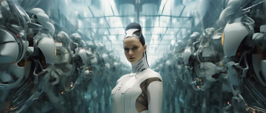 Medium shot of cyborg girl standing in hall in laboratory with robots in rows. Anamorphic 4k footage