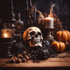 Halloween decorative on wooden table top with blurred night scene background