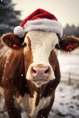 Fototapeten A farm cow wearing Santa Claus hat ion snowy winter background. © NikonLamp