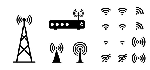 Network, Wifi router related. Connect to internet service. For 4G or 5G connection. Radio tower, antenna. Antenna icon set.  Communication towers, transmitter receiver wireless signal icon.