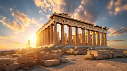 A Majestic Sunset View of the Parthenon with its Columns and Pediments - obrazy, fototapety, plakaty
