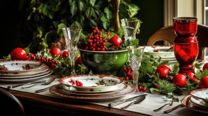 A table set for a holiday dinner with red and green decorations