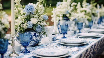 Fototapeta na wymiar A table with blue and white plates and vases