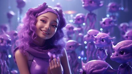 A girl in a purple dress standing in front of a bunch of alien heads
