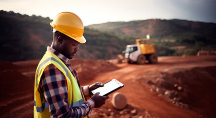 A young Black African mining construction worker with a digital tablet in an open pit quarry - obrazy, fototapety, plakaty
