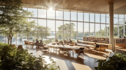 Energy-Efficient Design and Green Spaces Integration in a Modern Library - obrazy, fototapety, plakaty
