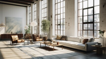 Minimalist living room featuring Bauhaus-inspired design and industrial-style windows