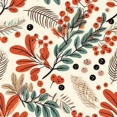 Autumn seamless pattern with abstract chestnut leaves and berries. Foliage print for fabric, package, wrapping, wall art.