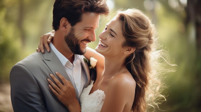 Close up of the bride and groom smiling at each other against the backdrop of blurred forest trees. Suitable for wedding invitations, romantic greeting cards, or other romantic themed designs.