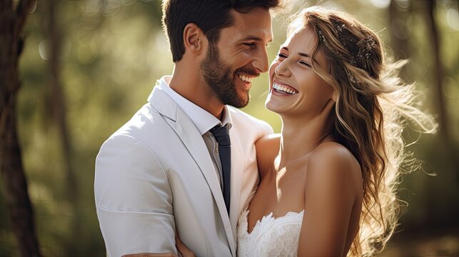 Bride and groom smiling at each other in the forest with blurred forest trees in the background. Suitable for wedding invitations, romantic greeting cards, or other romantic themed designs.