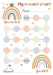 Printable rainbow reward chart. Chore chart for toddler. Sticker reward chart. Behavior for kids. Reward and achievement. Potty training chart.