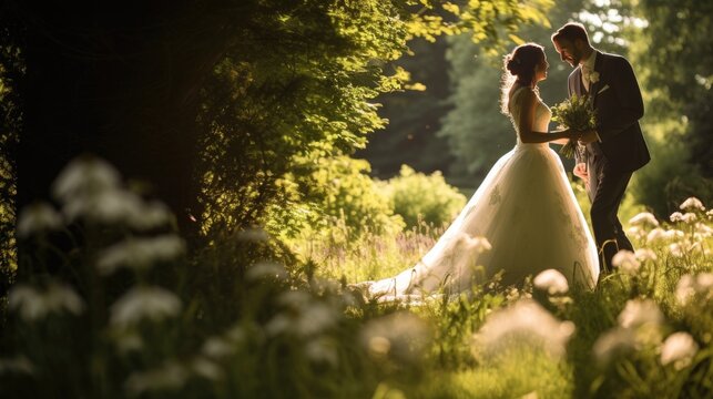 Bride and groom in flower field. Great for wedding invitations, greeting cards and social media posts, adding a romantic touch to any design project.