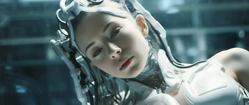 Portrait of cyborg girl connected to network in laboratory. Anamorphic 4k footage