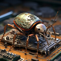 Robot robak na drukowanych płytkach z procesorami. Wizja przyszłości. - obrazy, fototapety, plakaty