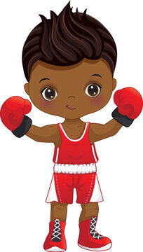 Vector Cartoon African American Boy Boxing