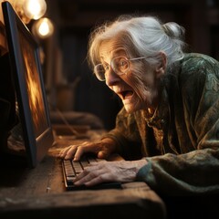 Tired old woman sitting at the computer looking at the computer. - obrazy, fototapety, plakaty