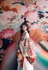 A female model wearing a Kimono dress