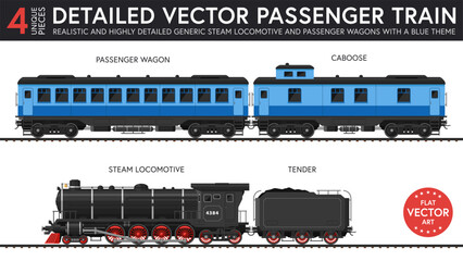 Highly detailed flat vector illustration of a set of generic passenger train parts with late steam era style. 4 unique pieces of equipment. Graphical resources. © David