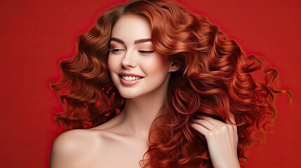 Fototapeta premium Beautiful smiling woman with long wavy hair . Girl curly hairstyle and red manicure nails . Beauty ,makeup and cosmetics