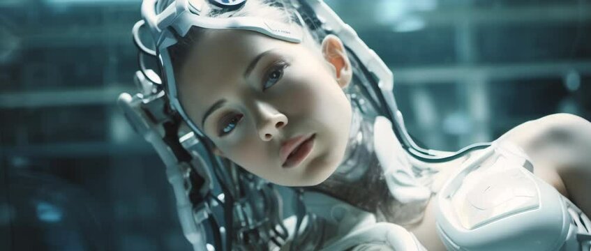 Portrait of cyborg girl connected to network in laboratory. Anamorphic 4k footage