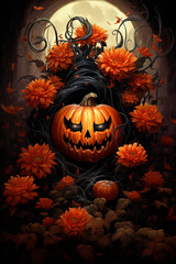 Obraz premium A jack-o-lantern surrounded by flowers. Halloween. Generative AI