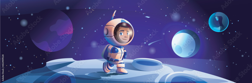 Poster Astronaut at space background banner in flat cartoon design. Cosmos fantasy poster with cute spaceman in spacesuit with helmet walking at cosmic surface planet with moon craters. Vector illustration