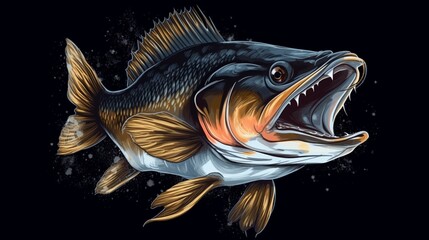 fishing zander graphic in dark colours realistic style.Generative AI