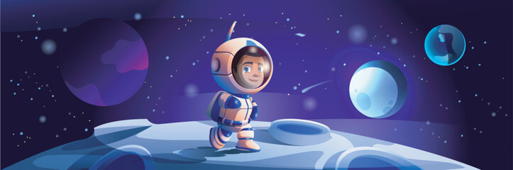 Astronaut at space background banner in flat cartoon design. Cosmos fantasy poster with cute spaceman in spacesuit with helmet walking at cosmic surface planet with moon craters. Vector illustration