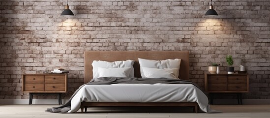 Bedroom with bed near brick wall