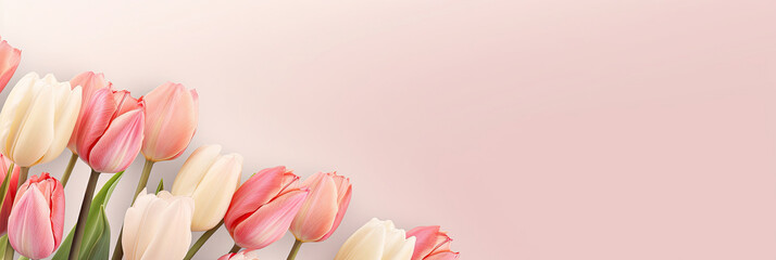 Beautiful tulips on pastel color background. Banner design with space for text