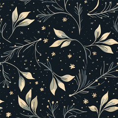 Boho seamless pattern with stars and leaves. Bohemian modern background. Celestial wrapping paper.