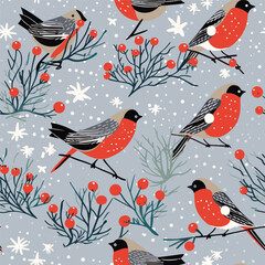 Bullfinch birds seamless scandinavian pattern with leaves and berries. Merry Christmas collection background. Winter texture. Vector illustration