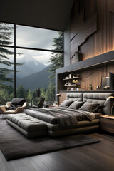 Luxury bedroom featuring dark gray and black accents. Generative AI