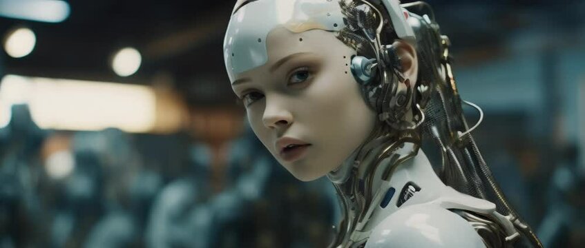 Medium shot of cyborg girl standing in hall in laboratory. Anamorphic 4k footage