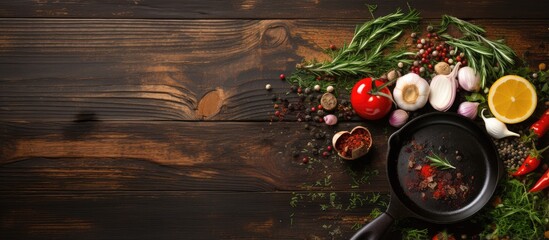Fototapeta Cooking ingredients and cast iron skillet on wooden table Food concept with space for text obraz