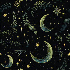 Dark celestial seamless pattern. Boho magic background with space elements stars, crescent, constellations and herbs. Vector doodle texture.