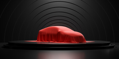 Unrevealed upcoming car cover in red silk showroom, clean dark black studio warehouse shop interior, premium new electric vehicle stage exhibition 3d rendering