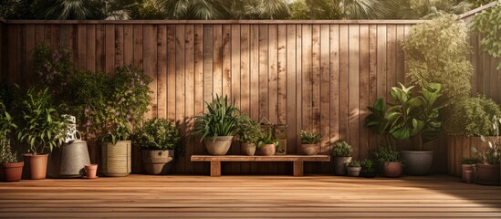 A wooden fenced back yard with plants and potted pots in front