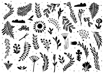 Floral Elements. Hand sketched vector vintage elements. Linocut style