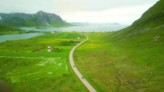 Lofoten islands, mountains in fjord, summer in Norway. Famous landscape in Scandinavia. 