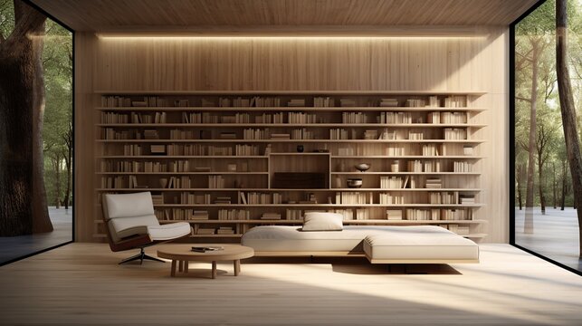 Bookshelves in the library book read. AI generated image