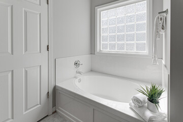 Bright and Clean Bathroom Interior with Soaking Jacuzzi Tub and Towel Rod with Plant