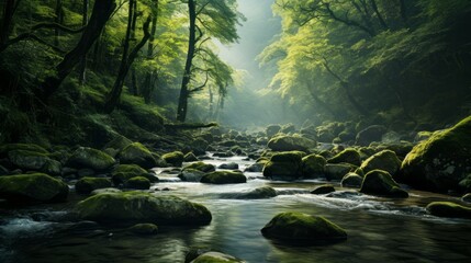 A Serene River Flowing Through a Misty Forest