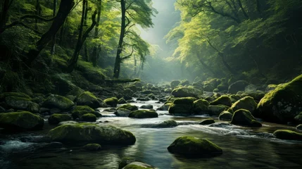 Keuken foto achterwand Bosrivier A Serene River Flowing Through a Misty Forest