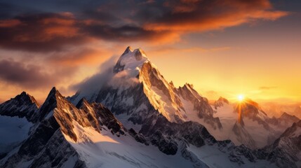 Golden light illuminating snow-capped peaks