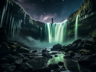 Magical Glow of Northern Lights on a Mystical Waterfall