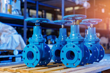 Closeup new blue taps with valve for drinking water pipeline