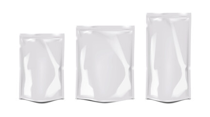 White glossy zip lock plastic bag vector mock-up set. Blank zipper stand-up pouch package mockup kit